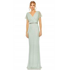 NWT Mac Duggal Short Sleeve Beaded V-Neck Gown Sage 6 #7965